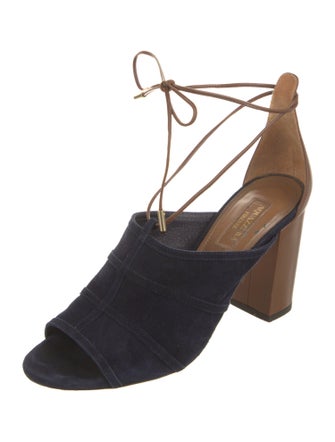 Aquazzura Suede Colorblock Pattern T-Strap Pumps