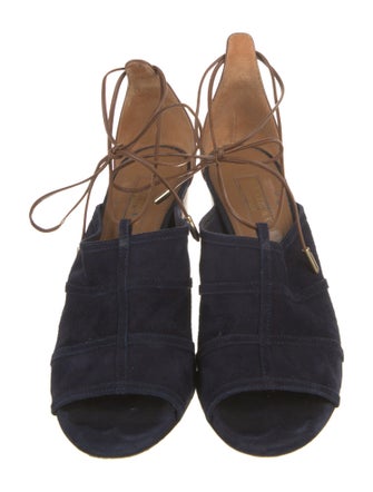 Aquazzura Suede Colorblock Pattern T-Strap Pumps