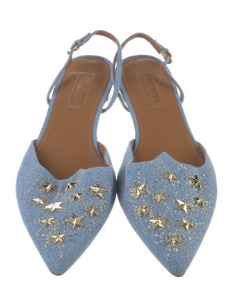 Aquazzura Denim Studded Accents Slingback Flats