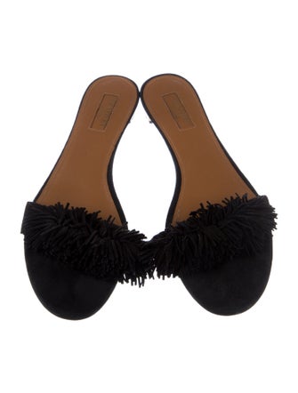 Aquazzura Suede Fringe Trim Accent Slides