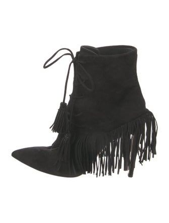 Aquazzura Suede Fringe Trim Accent Lace-Up Boots