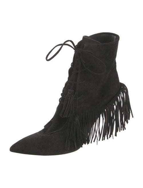Aquazzura Suede Fringe Trim Accent Lace-Up Boots