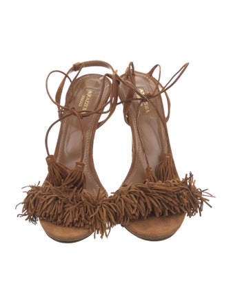 Aquazzura Suede Tassel Accents T-Strap Sandals