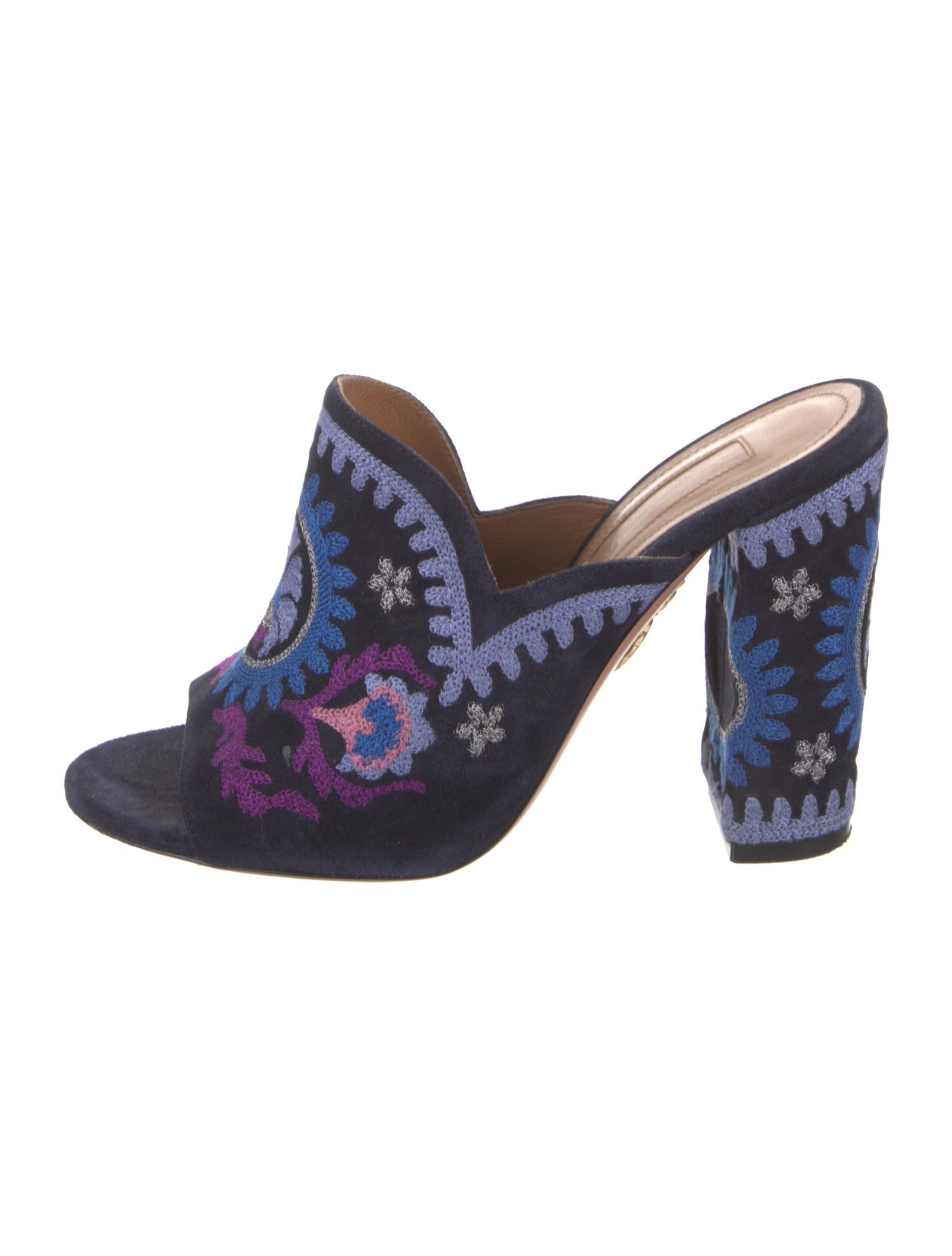 Aquazzura Suede Floral Print Mules