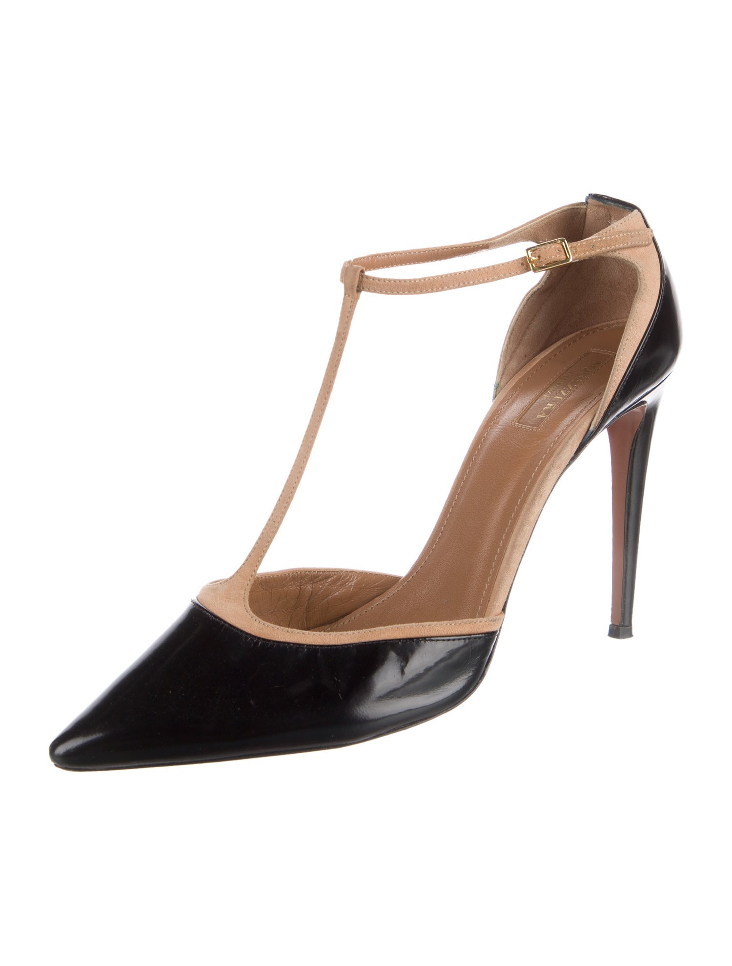Aquazzura Patent Leather Colorblock Pattern T-Strap Pumps