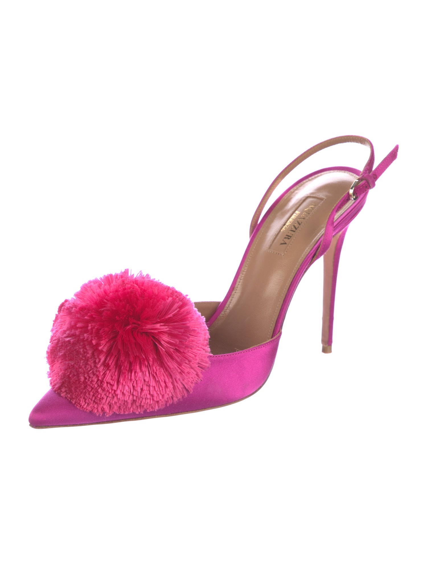 Aquazzura Satin Pom-Pom Embellishments Slingback Pumps