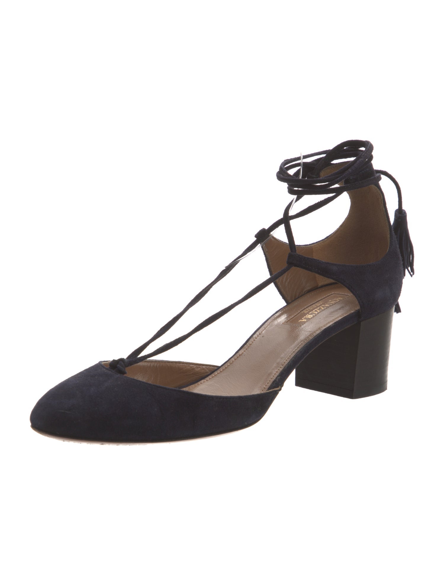 Aquazzura Suede Tassel Accents T-Strap Pumps