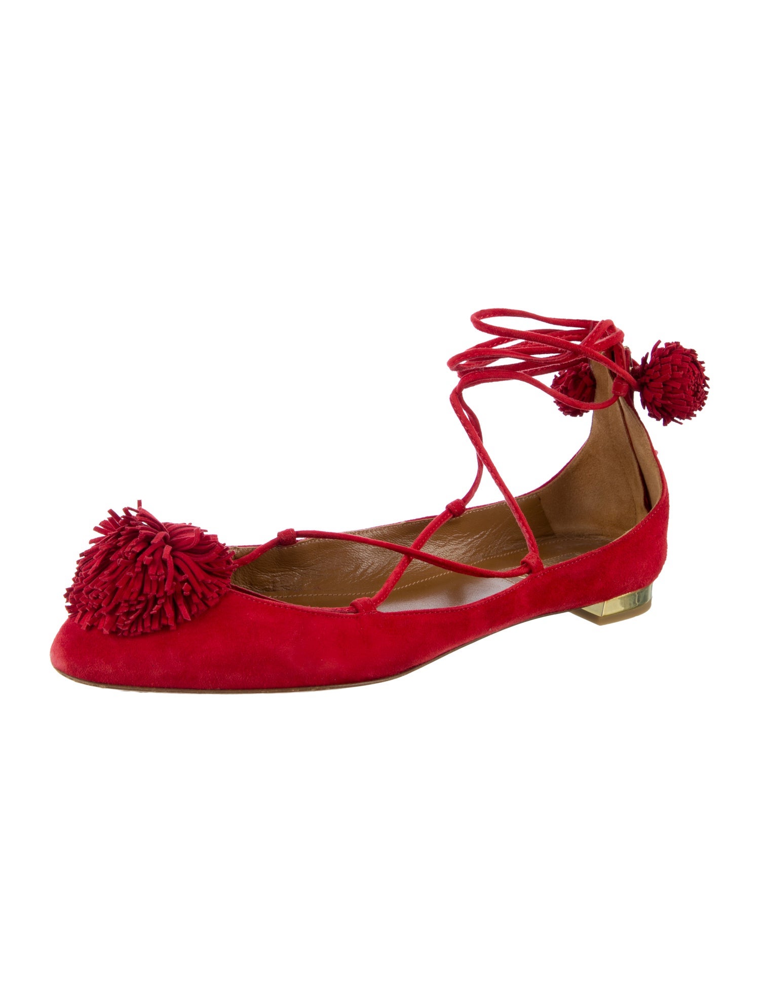 Aquazzura Suede Pom-Pom Embellishments Flats