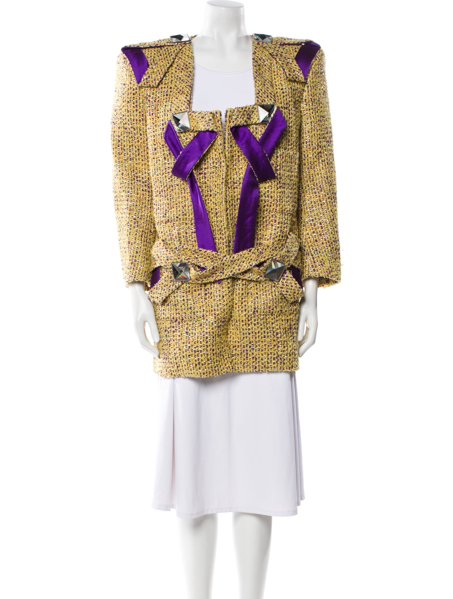 Area Tweed Pattern Faux Fur Jacket