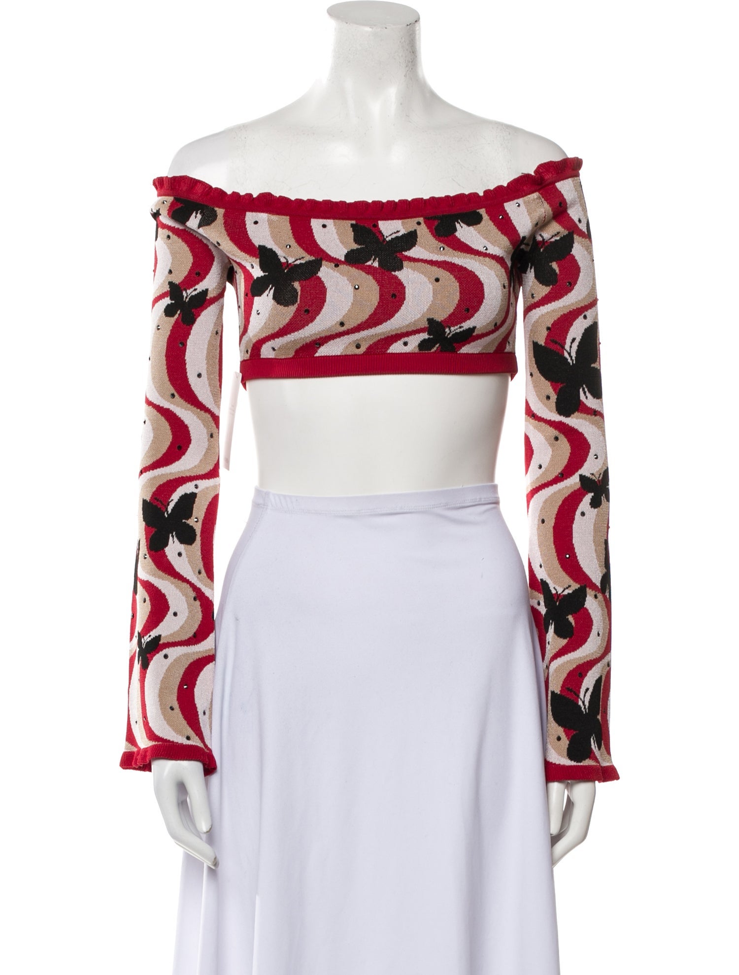 Alessandra Rich Printed Off-The-Shoulder Sweater w/ Tags