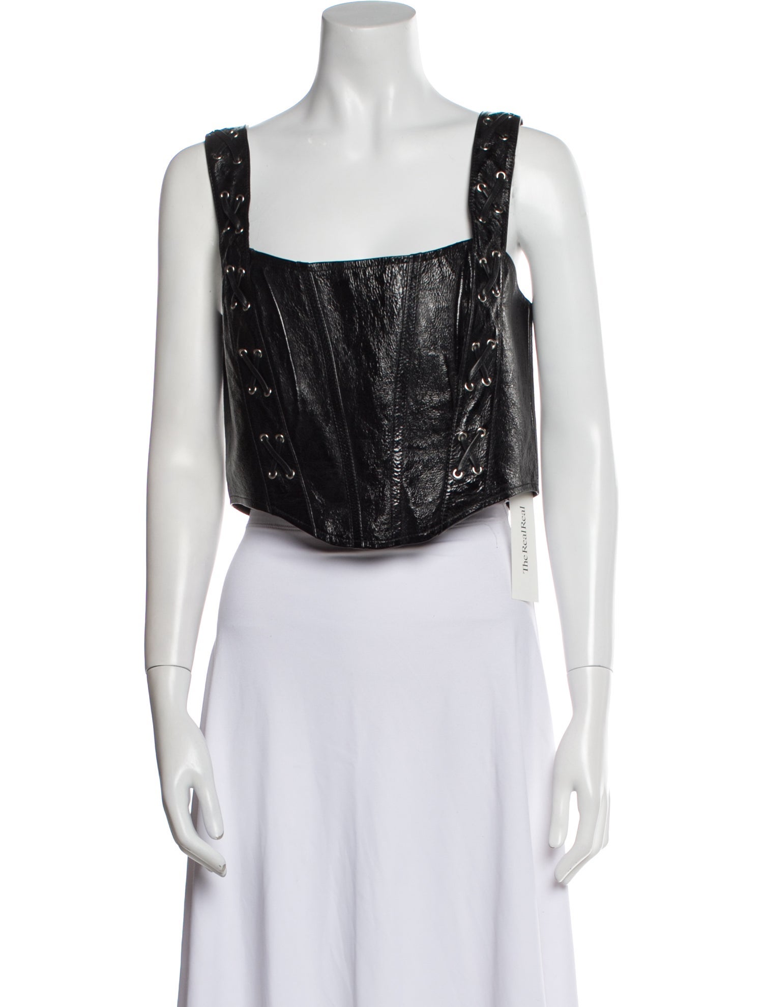 Alessandra Rich Goat Leather Square Neckline Crop Top