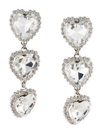 Alessandra Rich Crystal Triple Heart Drop Clip-On Earrings