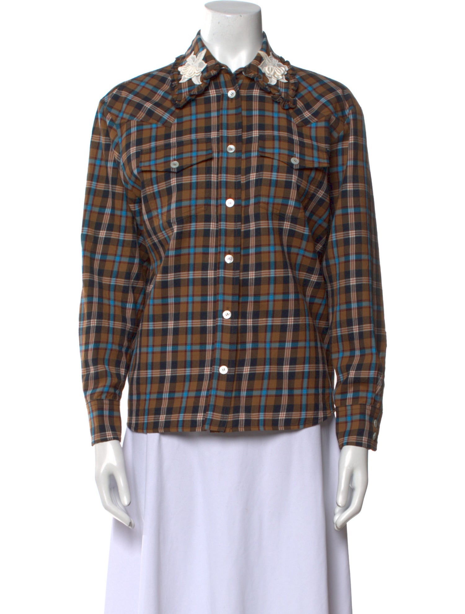 Alessandra Rich Virgin Wool Plaid Print Button-Up Top