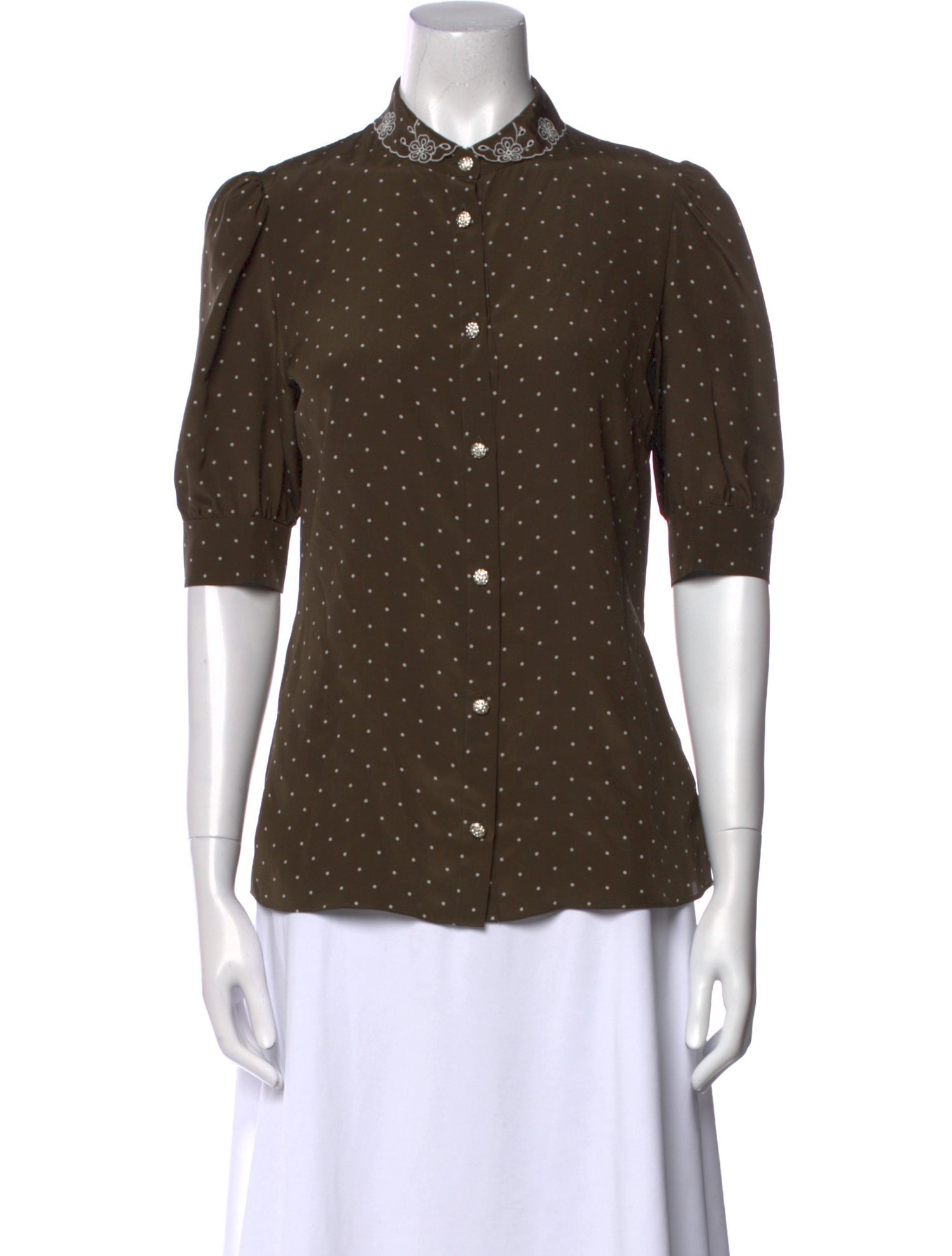 Alessandra Rich Silk Polka Dot Print Button-Up Top