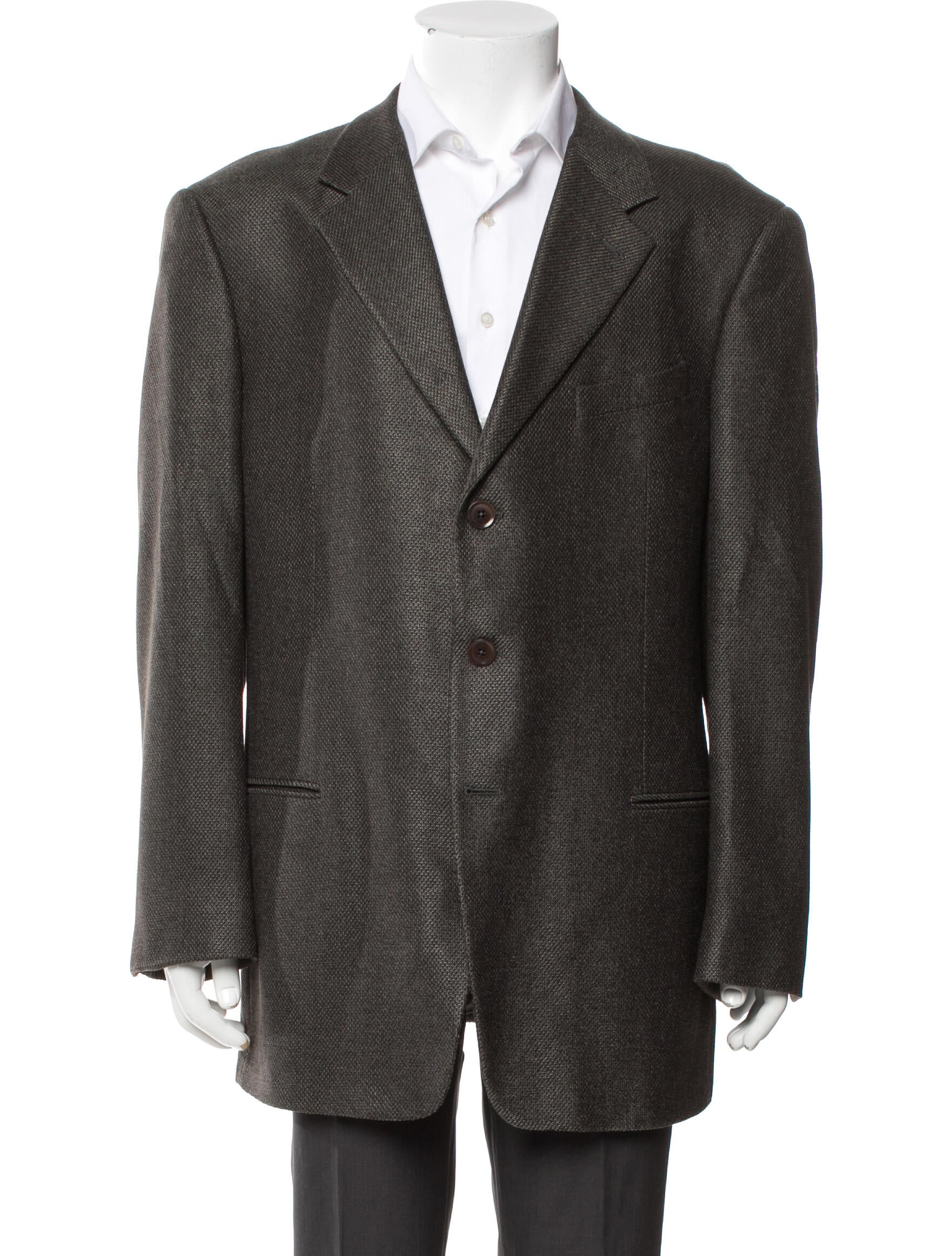 Armani Collezioni Men's Grey Pattern Printed Blazer with Three Button Closure, Cupro Lining, and Button Up Cuffs