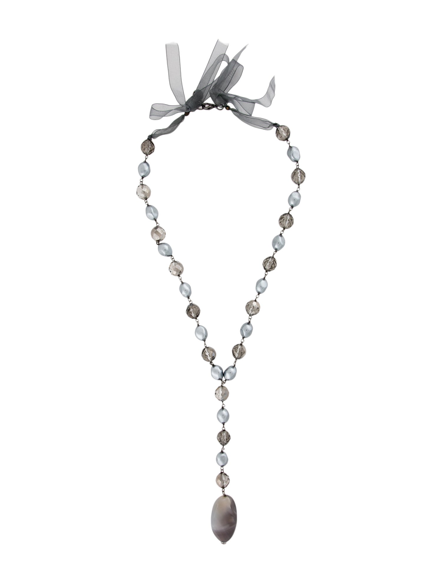 Armani Collezioni Faux Pearl, Bead, Ribbon & Gray Stone Lavalier Drop Necklace
