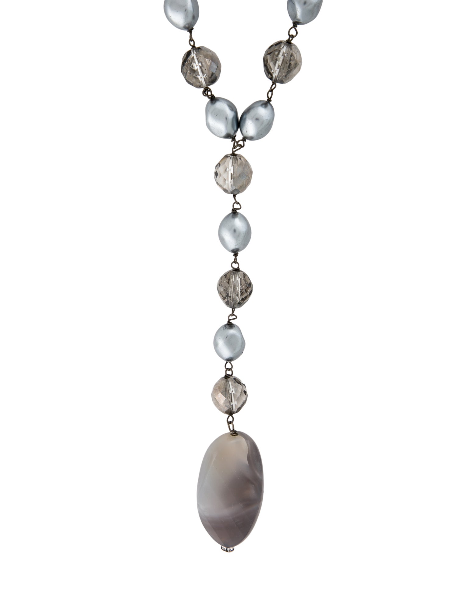 Armani Collezioni Faux Pearl, Bead, Ribbon & Gray Stone Lavalier Drop Necklace