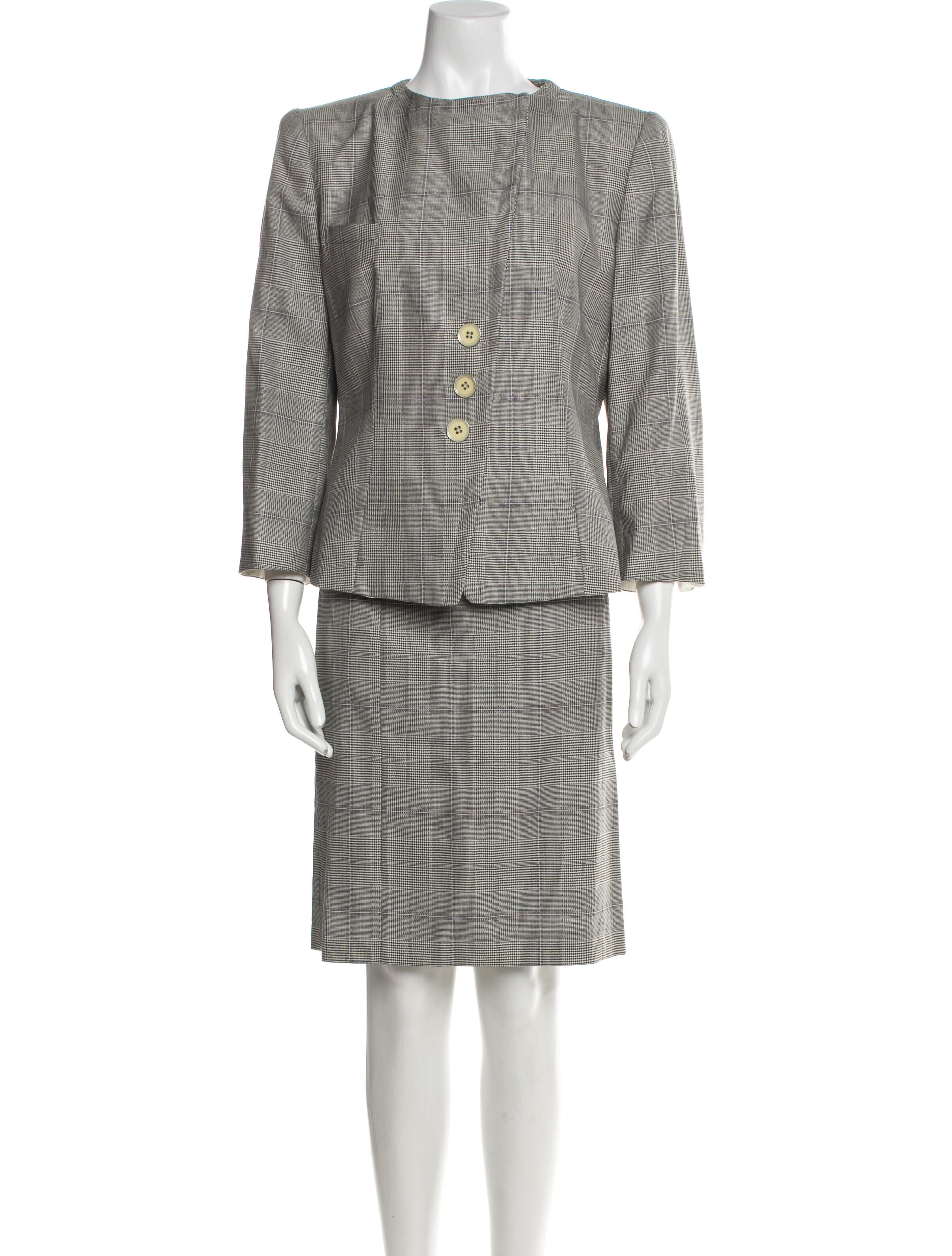 Armani Collezioni Virgin Wool Plaid Print Skirt Suit