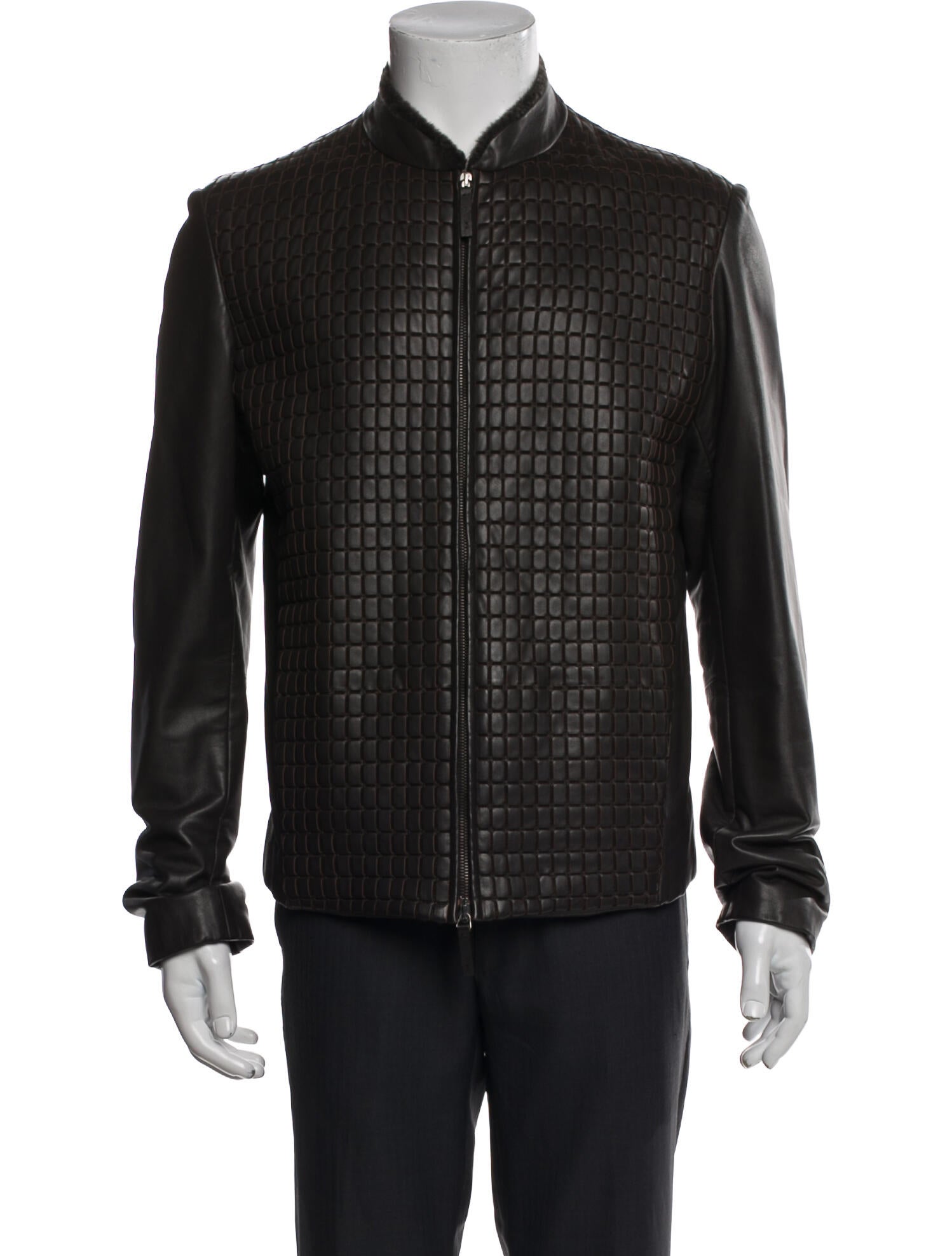 Armani Collezioni Leather Plaid Print Jacket