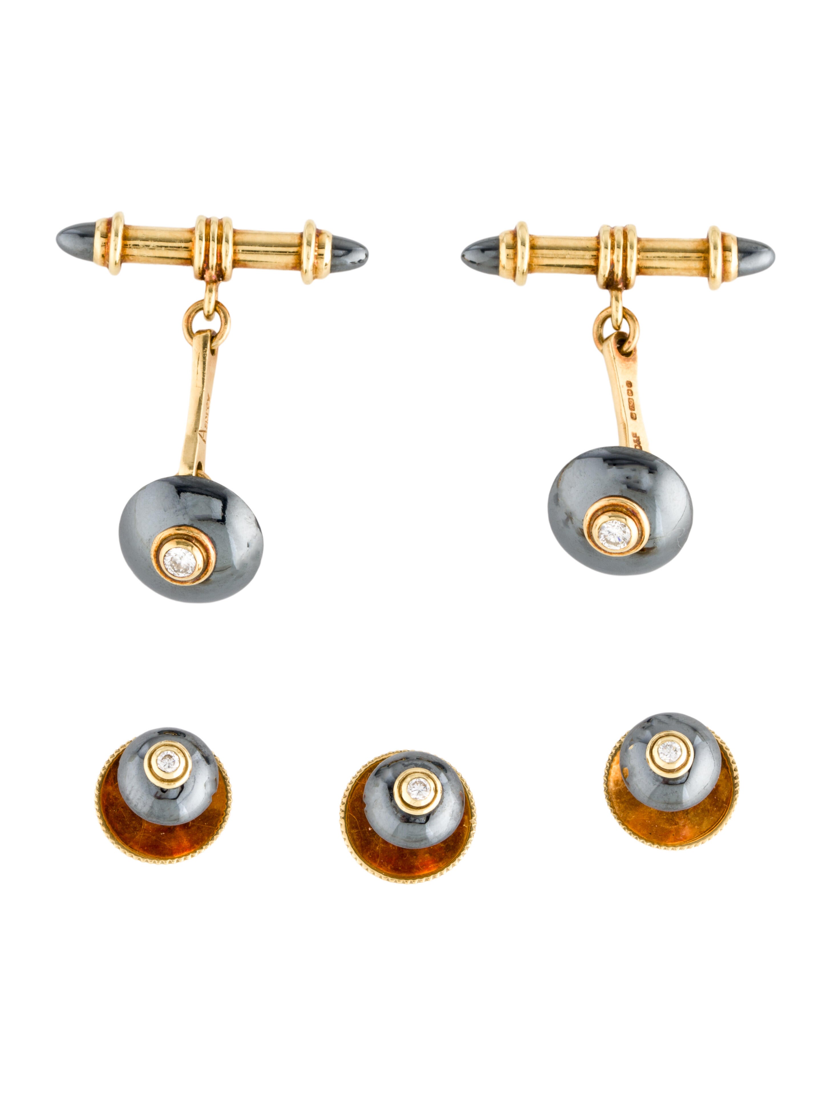 Asprey Vintage 18K Hematite & Diamond Cufflinks & Shirt Studs Set