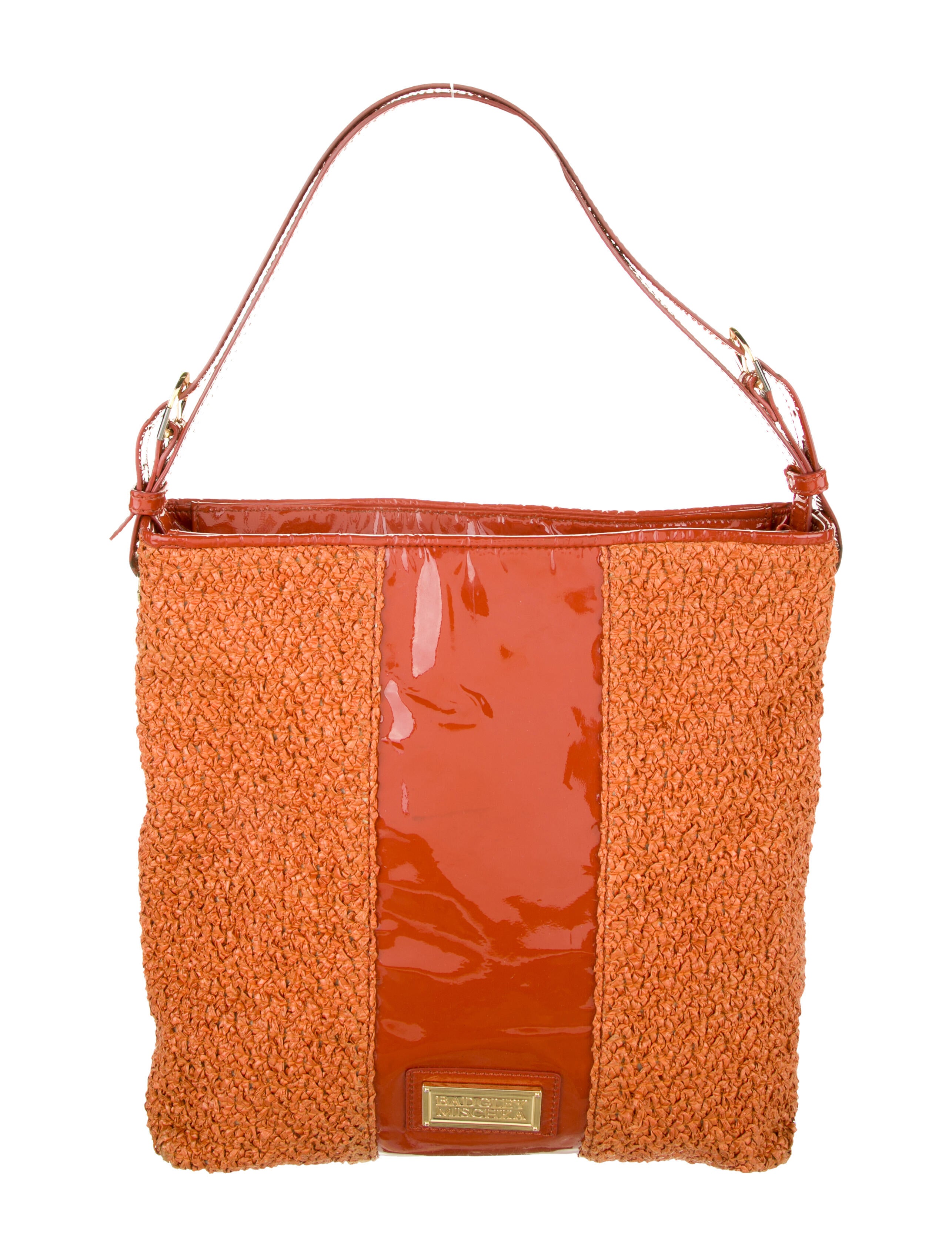 Badgley Mischka PatentTrimmed Straw Shoulder Bag Orange Shoulder