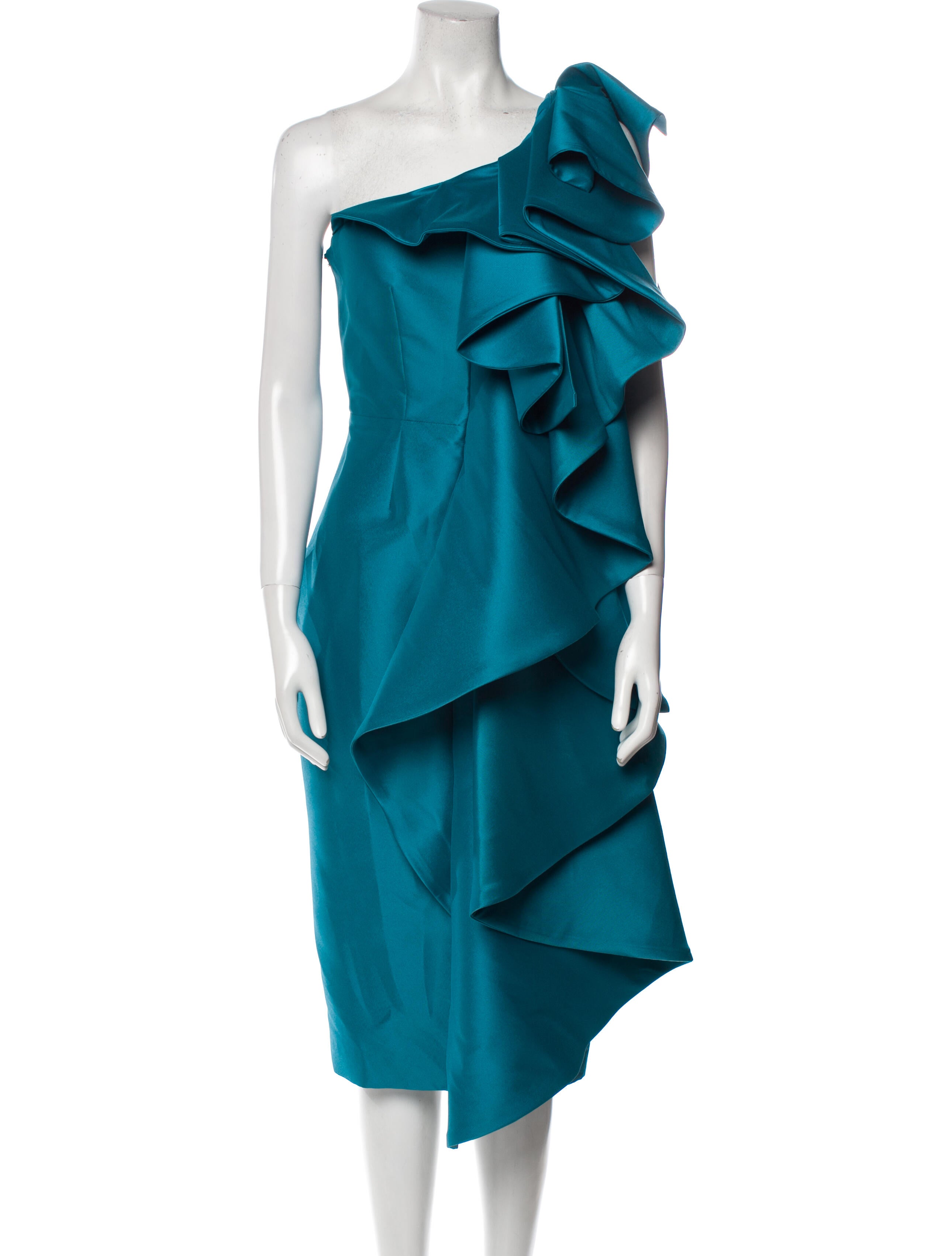 Badgley Mischka Ruffled One-Shoulder Cocktail Dress, 4 / Blue