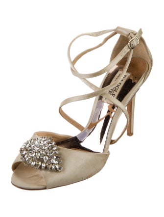 Badgley Mischka Satin Crystal Embellishments T-Strap Pumps
