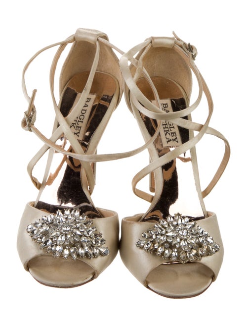 Badgley Mischka Satin Crystal Embellishments T-Strap Pumps