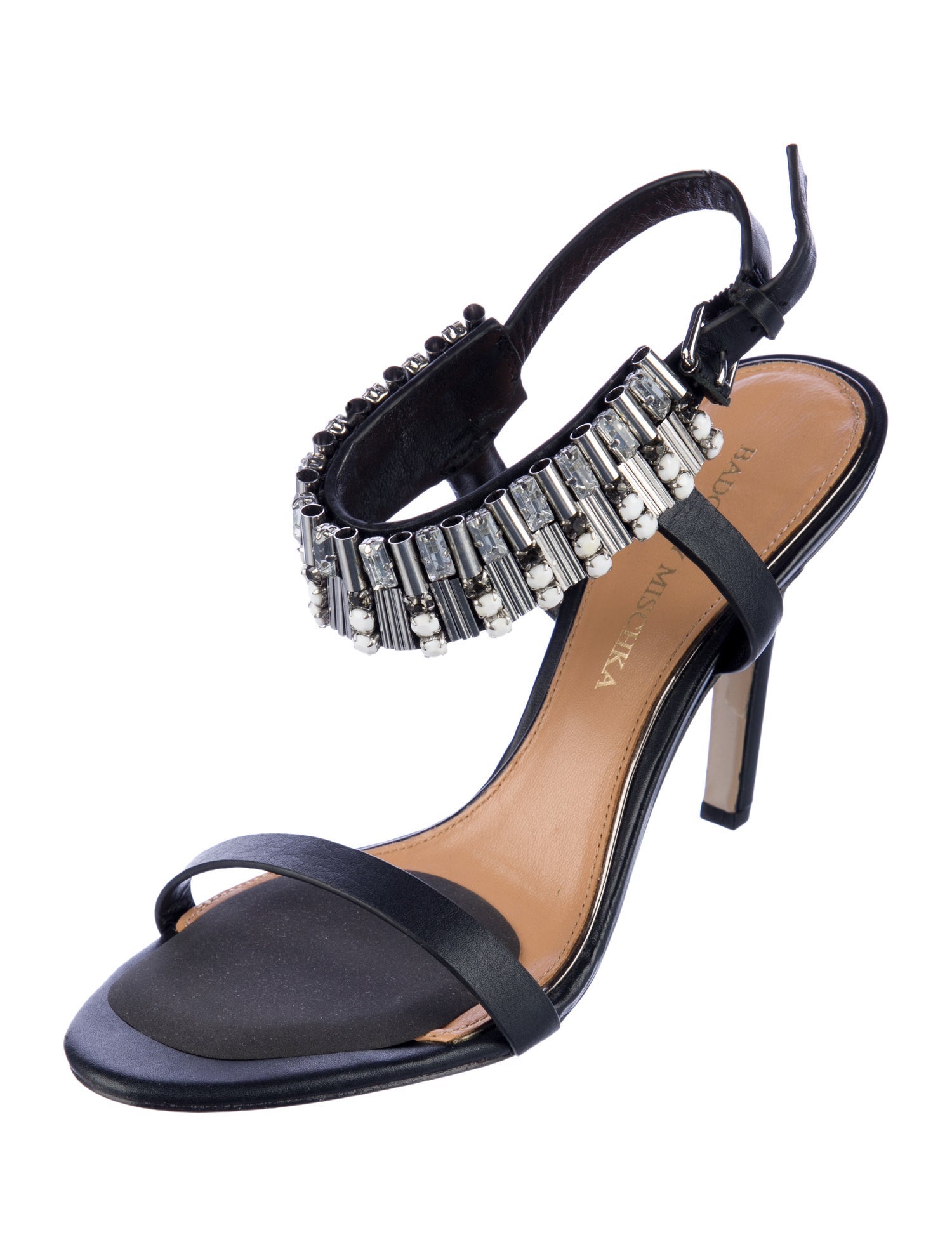 Badgley Mischka Leather Crystal Embellishments Slingback Sandals