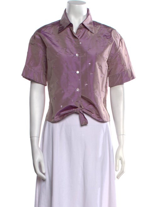 Badgley Mischka Silk Short Sleeve Button-Up Top