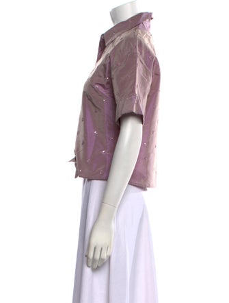 Badgley Mischka Silk Short Sleeve Button-Up Top