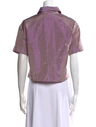 Badgley Mischka Silk Short Sleeve Button-Up Top