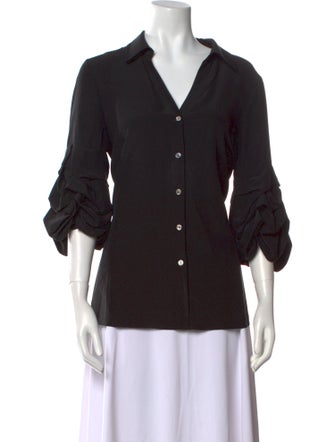 Badgley Mischka Silk Three-Quarter Sleeve Button-Up Top