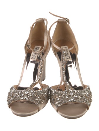 Badgley Mischka Satin Crystal Embellishments T-Strap Pumps