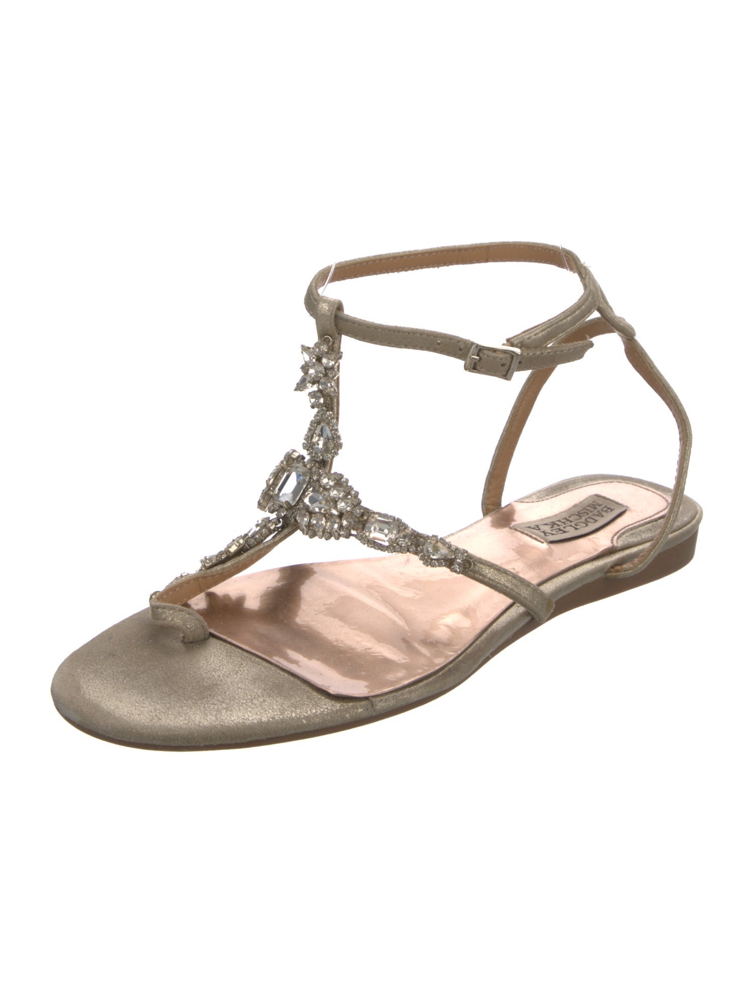 Badgley Mischka Satin Crystal Embellishments T-Strap Sandals