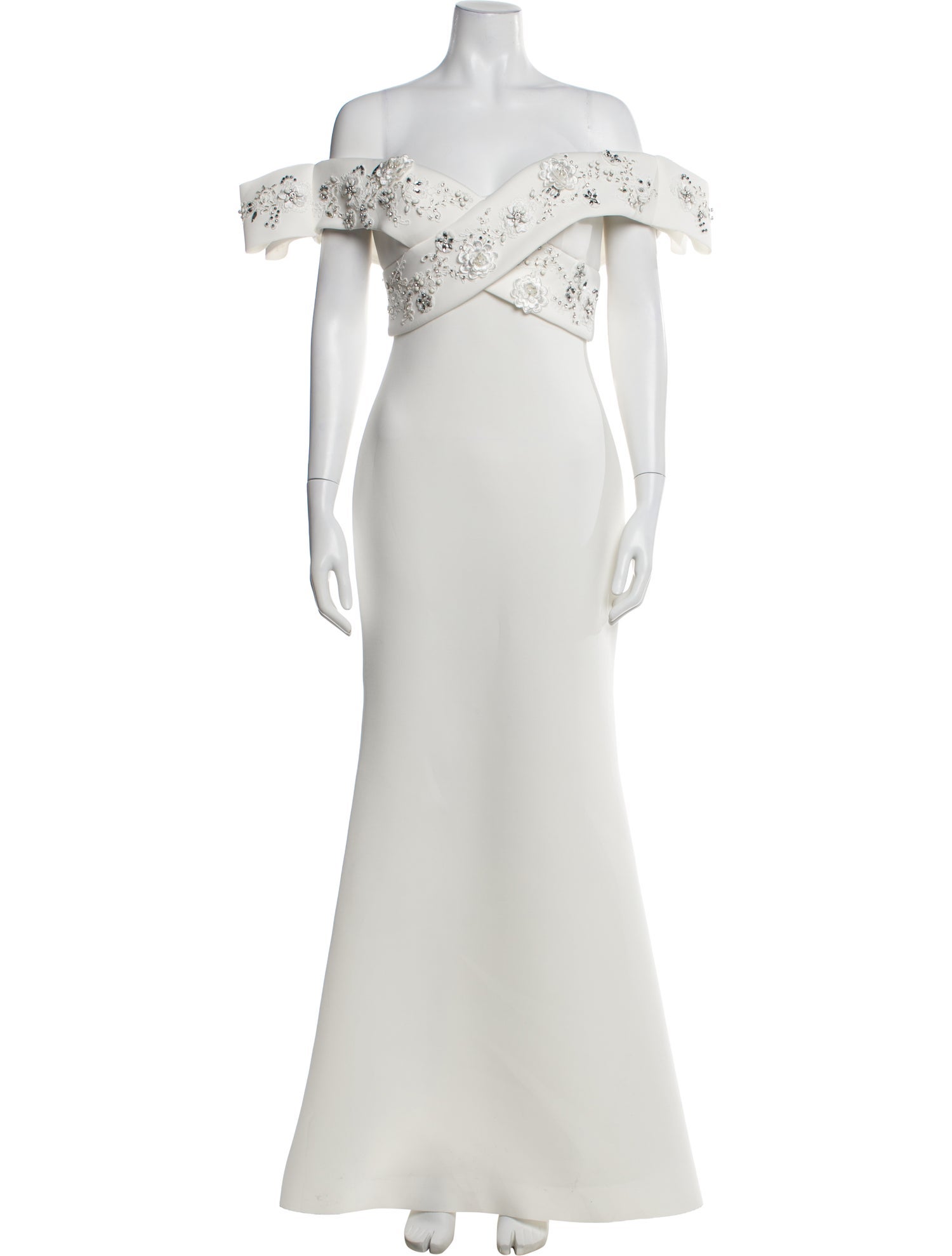 Badgley Mischka Exaggerated Off-Shoulder Gown with Beaded Bodice, Size: 4 in White