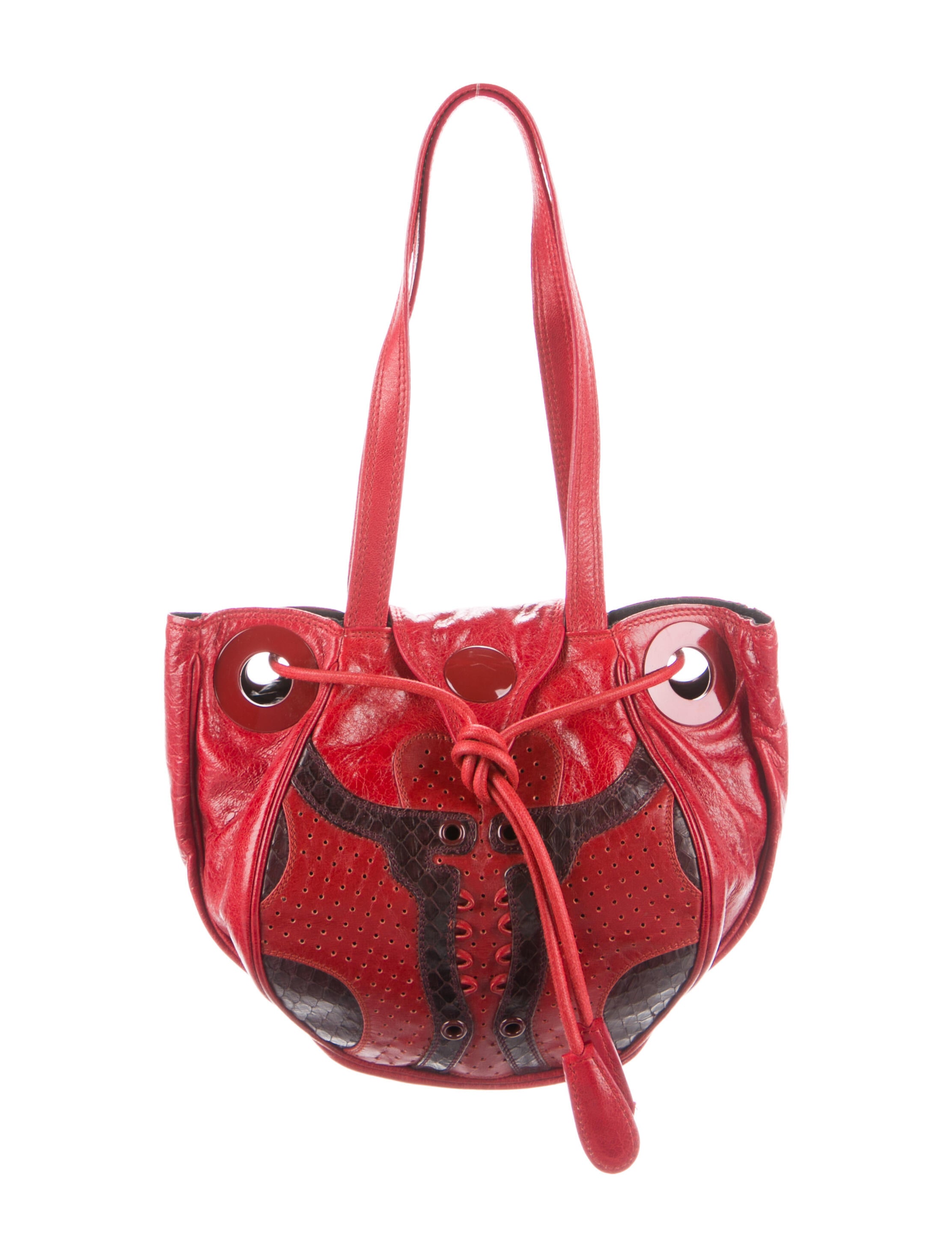 Balenciaga SnakeskinTrimmed Perforated Mini Bag Red Handle Bags