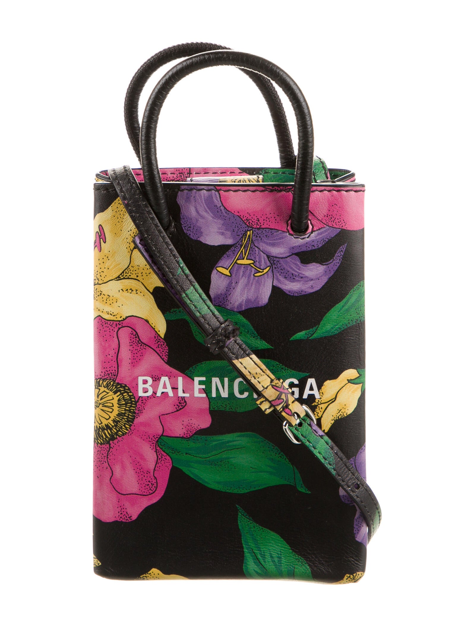 Balenciaga Floral Shopping Phone Holder Bag Black Crossbody Bags