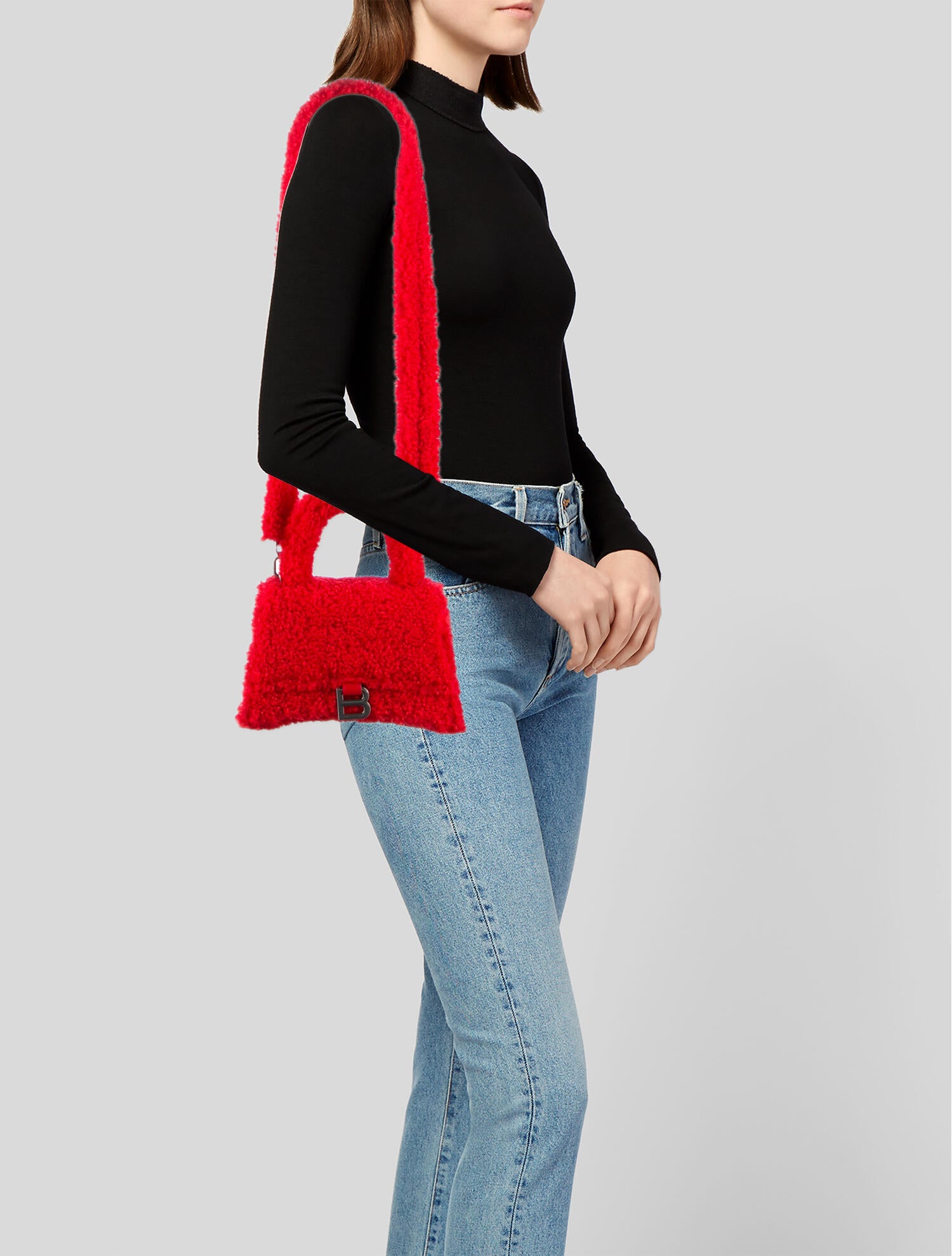 Balenciaga 2022 Furry Small Hourglass Top Handle Bag - Red