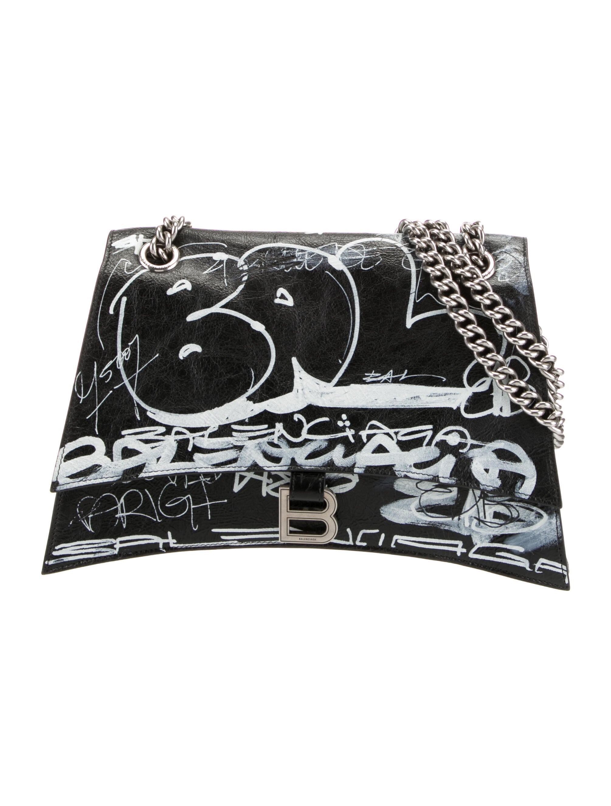 Balenciaga 2022 Medium Crush Graffiti Shoulder Bag - Black