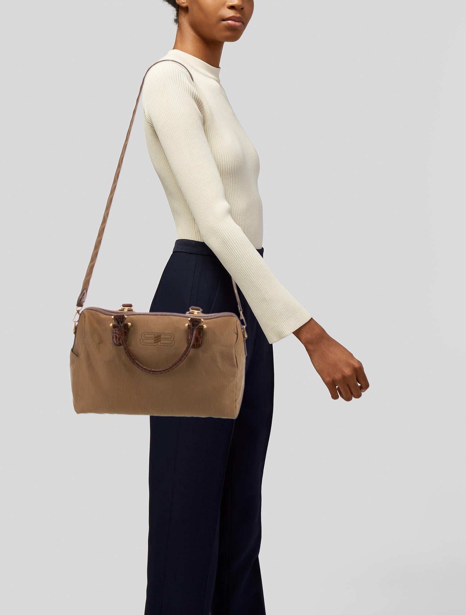 Balenciaga Vintage Crocodile-Trimmed Boston Nylon Bag - Brown