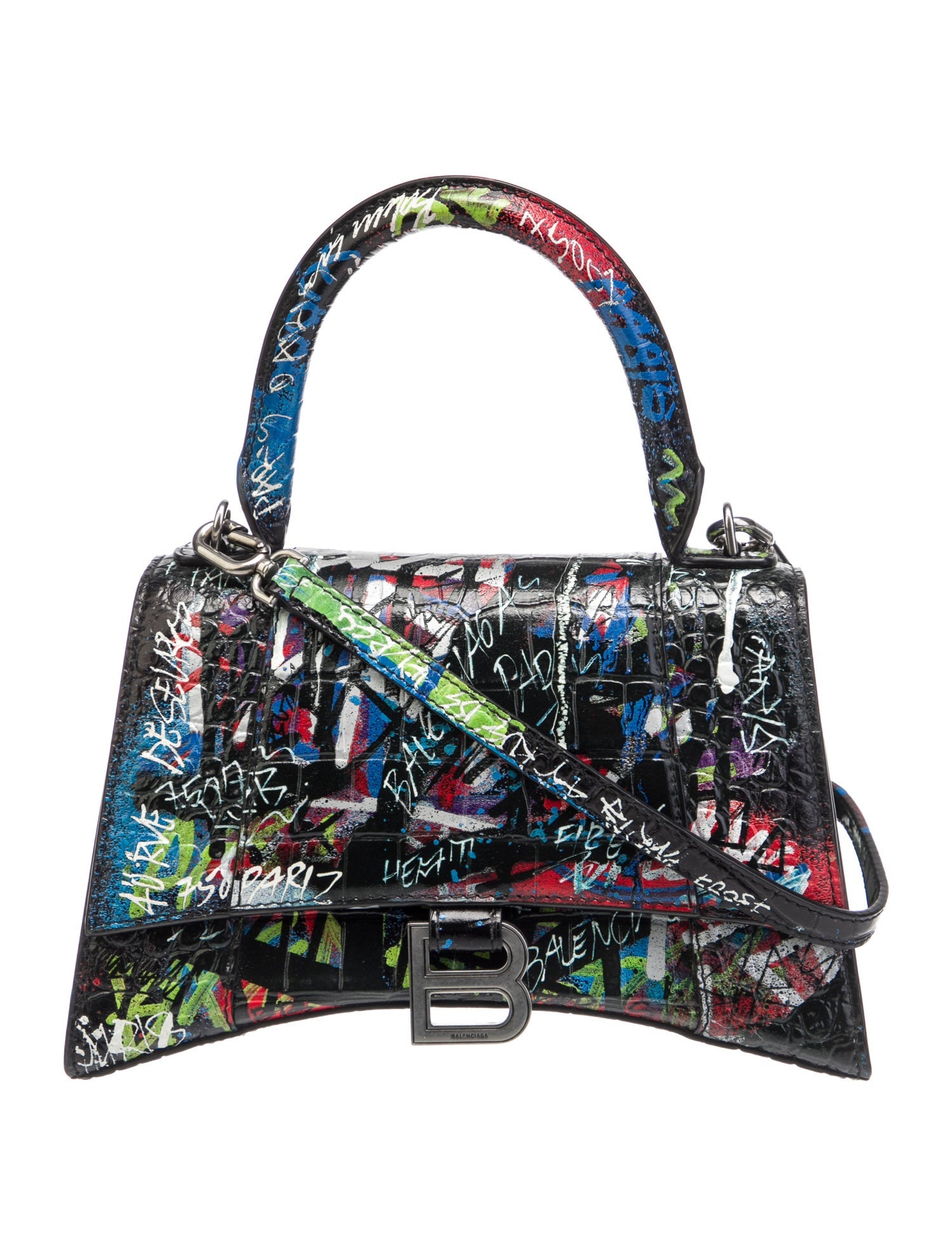 送料込 BALENCIAGA HOURGLASS SMALL HANDBAG GRAFFITI Balenciaga Hourglass Graffiti Small Leather Top Handle Bag