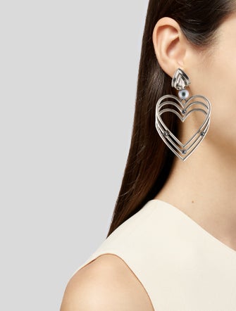 Balenciaga Crystal & Faux Pearl 3D Heart Clip-On Earrings