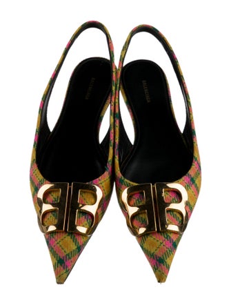 Balenciaga Tweed Plaid Print Slingback Flats