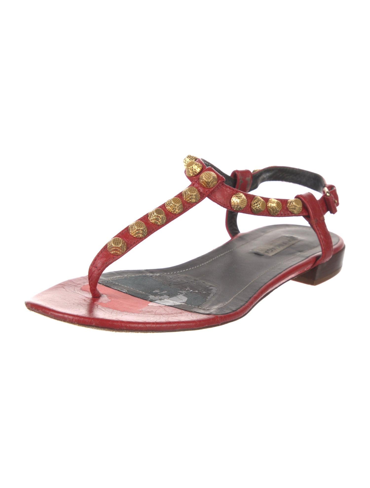 Balenciaga Leather Studded Accents T-Strap Sandals