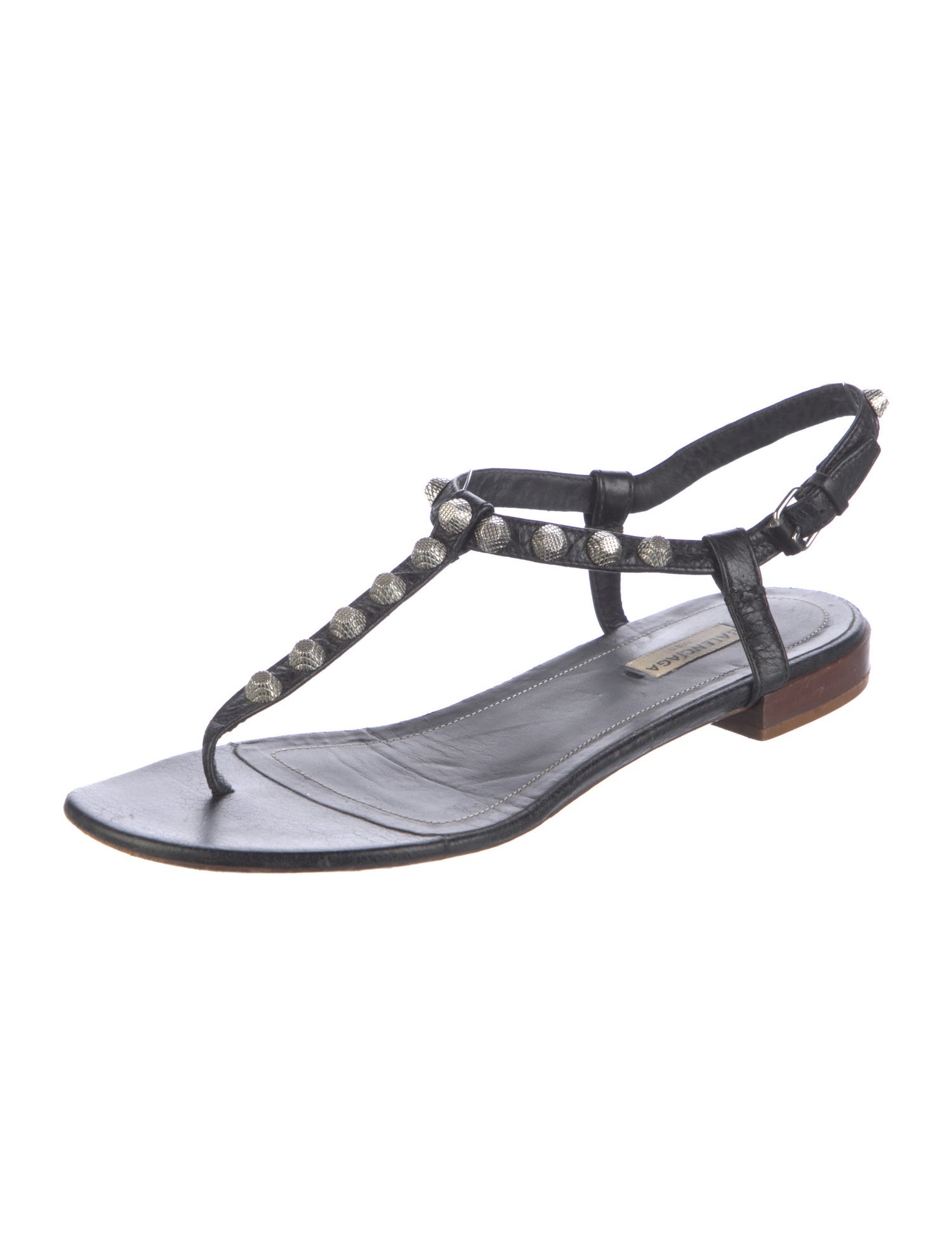 Balenciaga Leather Studded Accents T-Strap Sandals