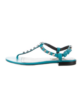 Balenciaga Leather Studded Accents T-Strap Sandals