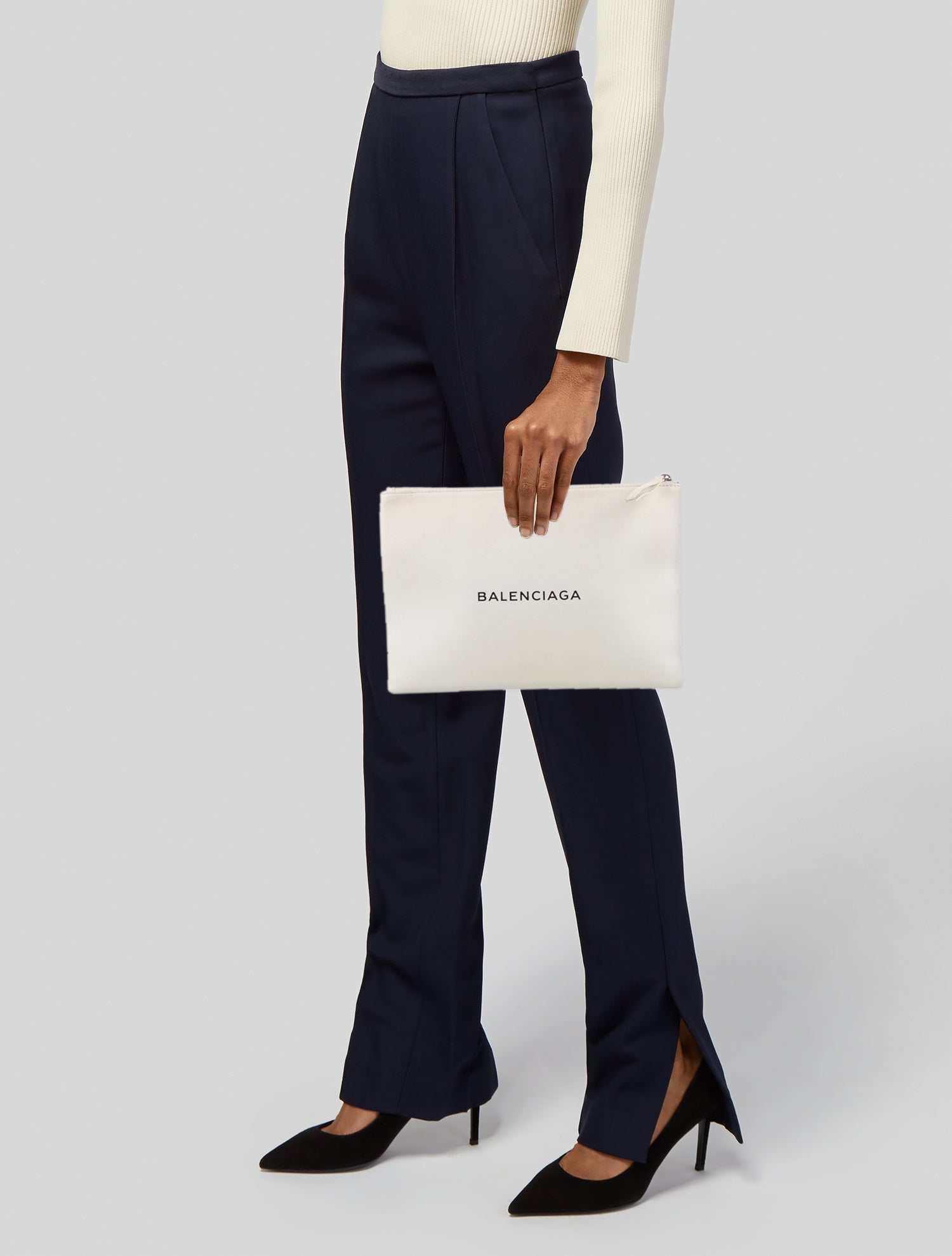 Balenciaga Leather Navy Clip M Clutch Medium