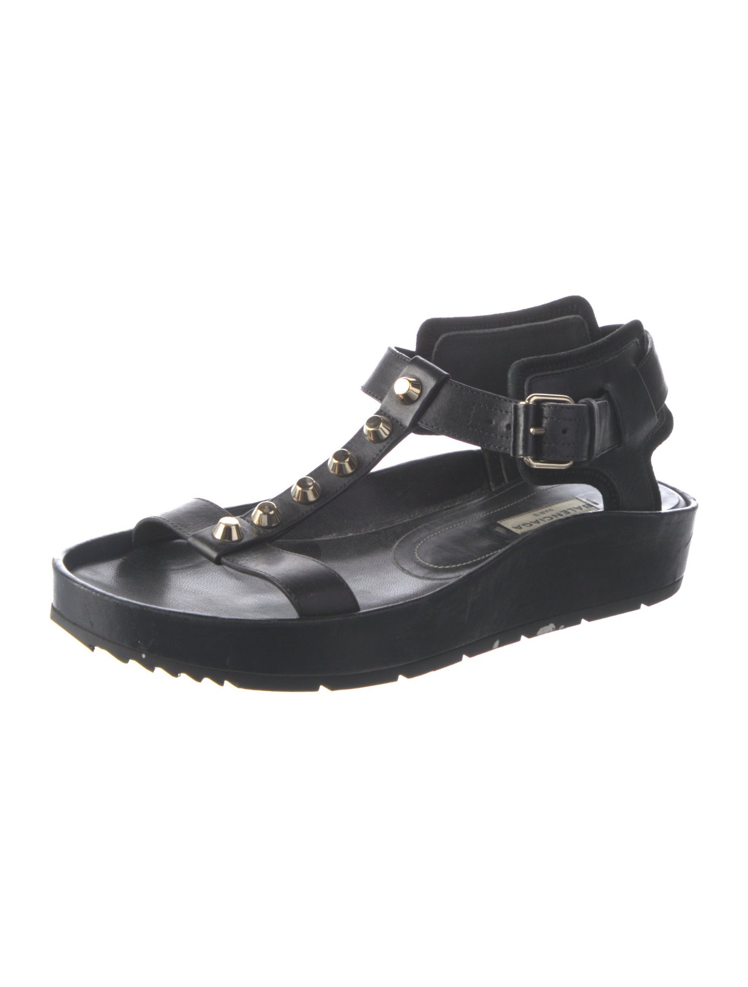 Balenciaga Leather Studded Accents T-Strap Sandals