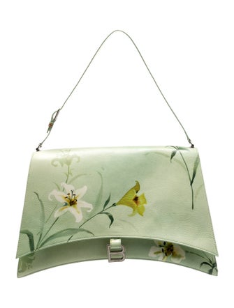 Balenciaga Leather Shiny Paper Calfskin Floral Printed Large Crush Sling Bag Green